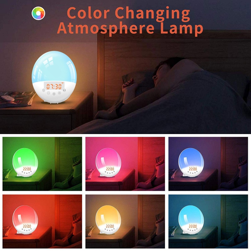 Wifi Smart Wake Up Light Wekker Radio Alexa Stem Kleurrijke Kleur Veranderen Sleep Aid Led Licht Met Zonsopgang Zonsondergang wekker