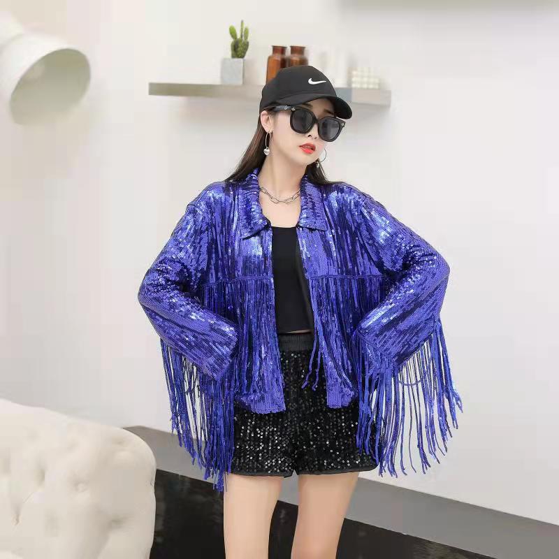 Chaquetas de lentejuelas de estilo Hip Hop para mujer, ropa de calle de Color liso, abrigo de retazos con borlas, ropa de cuello redondo, abrigos sueltos de manga larga: Azul
