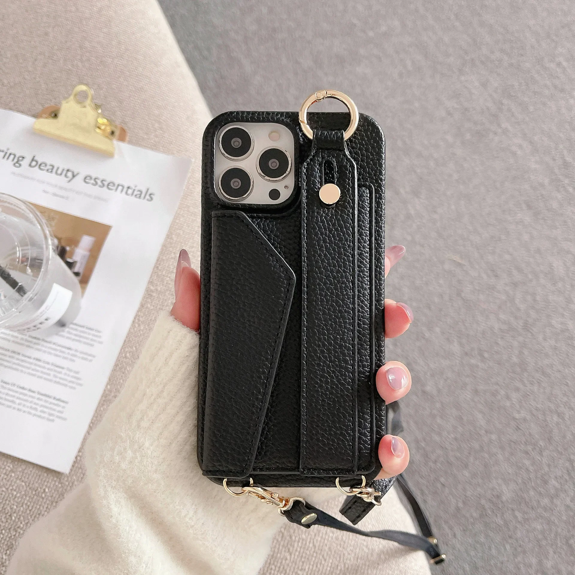 Voor iPhone 16 Polsband Ring Portemonnee met kaartsleufhouder Telefoonhoesje voor iPhone 15 Plus Pro Max Crossbody lederen hoes: PVC / Beige