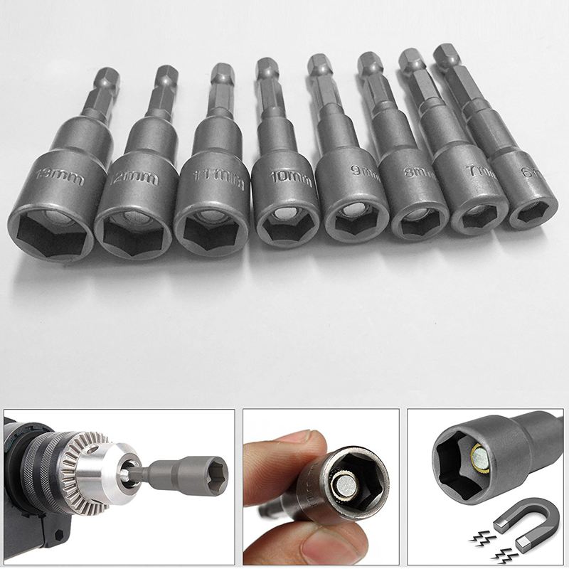 Eleg -8 stk 1/4 tommers hex magnetisk mutter driver sokkelsett metriske slagbor 6 to 13mm adapter