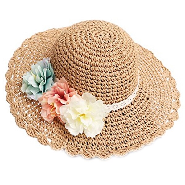 Summer KTFGS Floral Straw Hats Fedora Hat Children Visor Beach Sun Hat Wide Brim Floppy Beach Sun Visor Hat with Flowers, Khaki