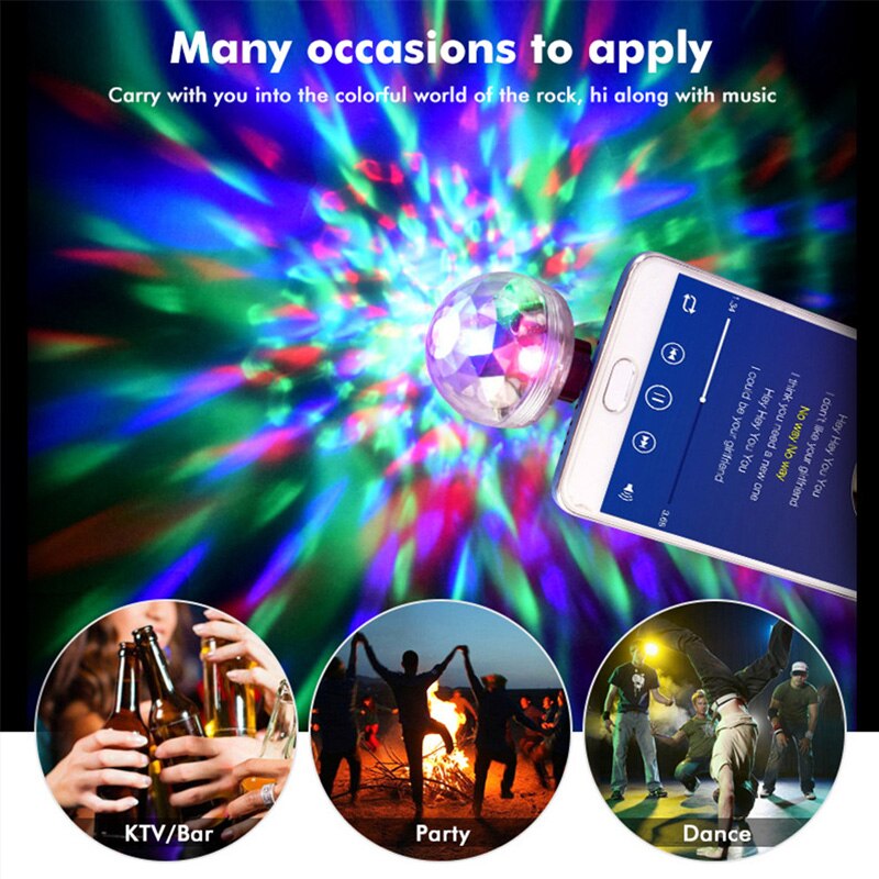 USB Mini Disco Ball Party Lights – 2-Pack, Sound Activated LED Strobe Lights With 3 Adapters (iPhone, Android, Type-C) For DJ, Karaoke, Car & Christmas Decor