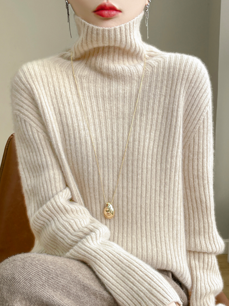 Dame 100%  merinoullgenser med høy hals, strikket vertikale striper, høst vinter, fortykket kasjmir, avslappet strikkeplagg: M / Beige