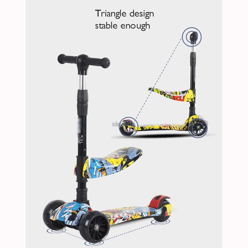 3 In 1 Kid regolabile Kick Scooter sedile pieghevole lampeggiante 3 ruote Step Scooter bambini City Roller Skateboard regali per bambini