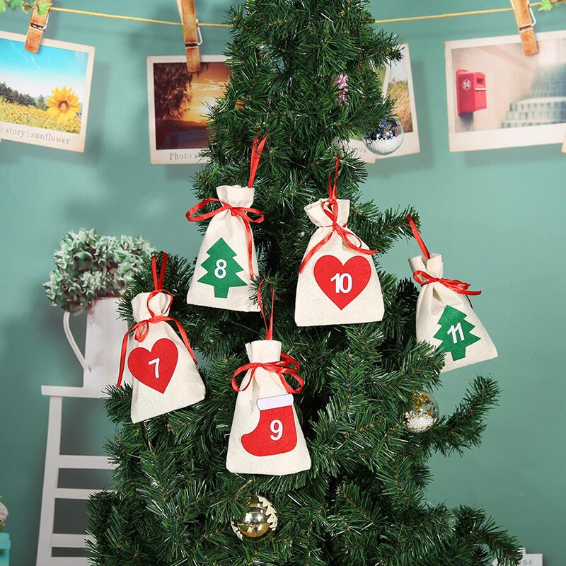 Fabric Christmas Countdown Advent Calendar Candy Bags Hanging Year Christmas Party Decoration 11x16cm