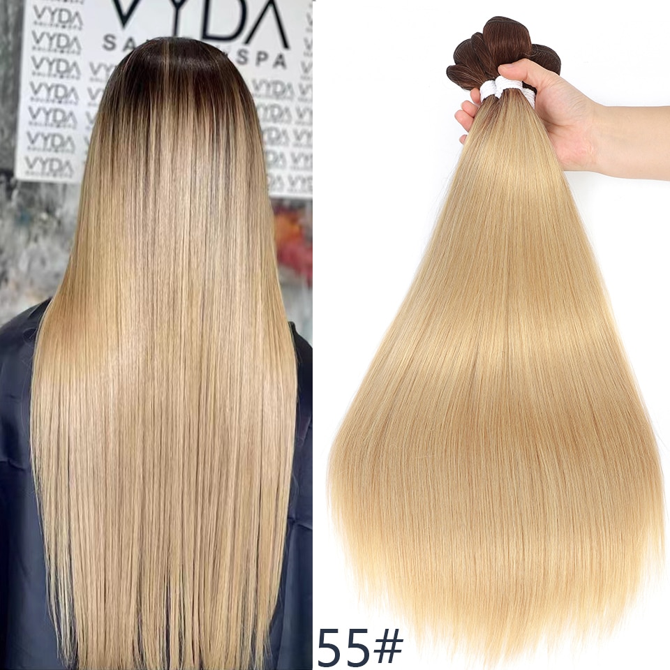Extensiones de cabello liso de 26 pulgadas, mechones de cabello ombré, pelo de fibra resistente al calor, tejido de pelo liso sintético