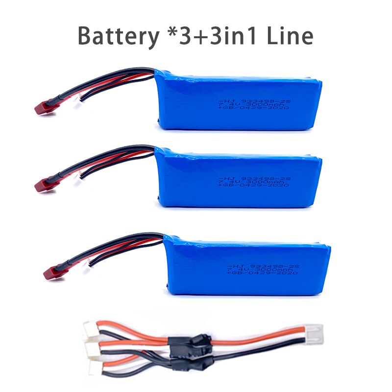 Wltoys 144001 Car 2s 7.4V 3000mAh Upgraded Lipo Battery T Plug For Wltoys 1/14 144001 RC Car Boat Lipo Battery Parts Upgraded: 3Battery3in1Line