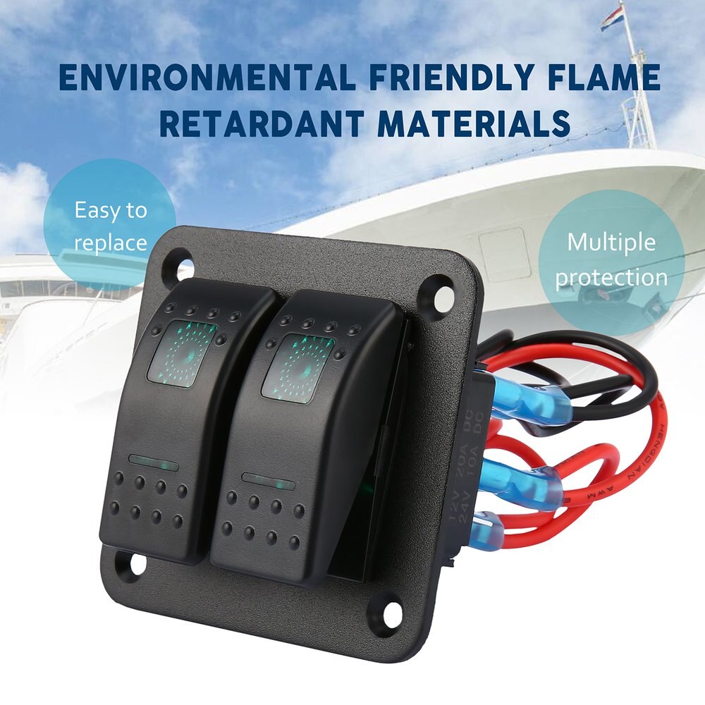 DC 12V 24V 2 Gang Rocker Switch Panel Dual LED Waterproof Rocker Switch Control Panel Circuit Breaker for Car Marine Boat