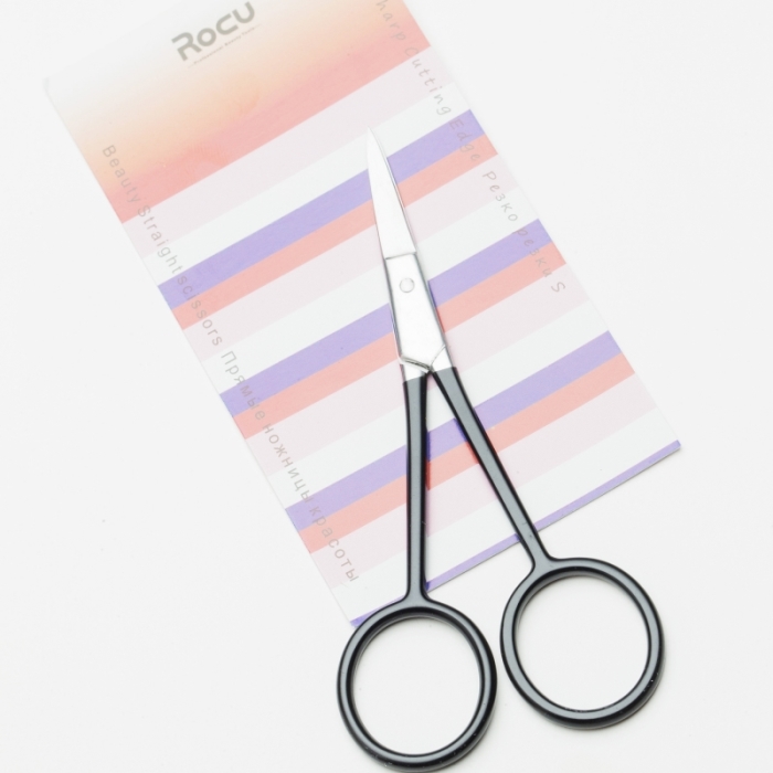 Tijeras de maquillaje de acero inoxidable, punta afilada/REDONDA/inclinada con mango de pintura de Piano, tijeras para pelo de nariz y cejas, herramienta de depilación facial: Azul