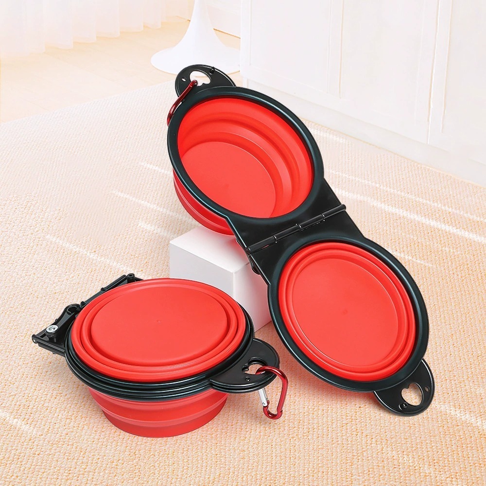 Cuenco de viaje plegable 2 en 1 para perros, cuencos dobles, cuenco plegable para comida y agua, alimentador portátil colgante para perros, producto para perros al aire libre: Rojo