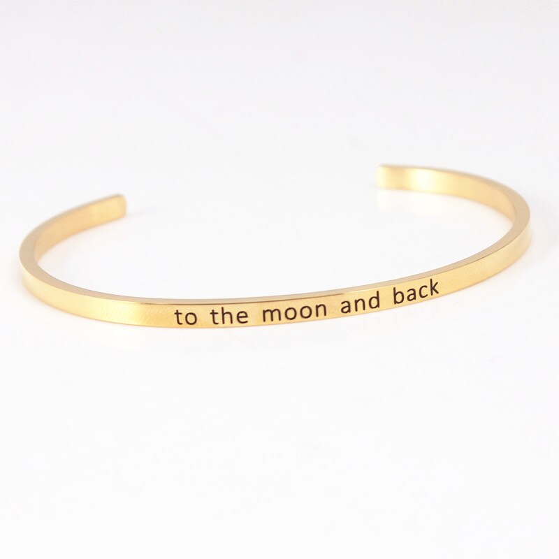 Trend Quotes Mantra Bracelets 316L Stainless Steel Open Cuff Bangle Women Gold Inspirational Jewelry Bracelets: to the moon and back