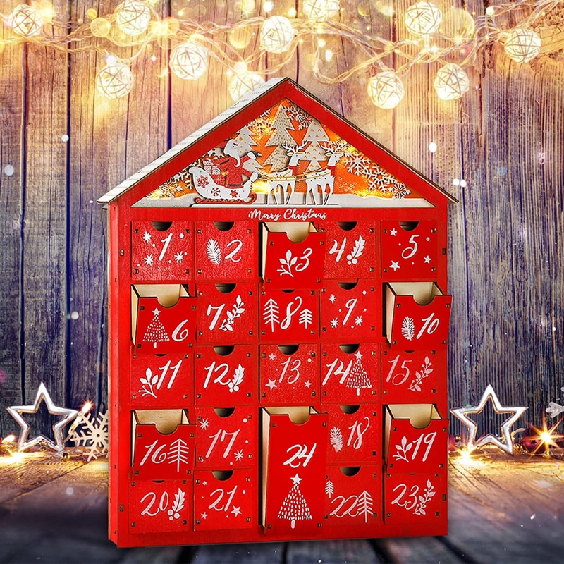 Calendrier de l'avent en bois rouge, maison avec lumière LED 24 tiroirs de rangement, organisateur de bonbons, compte à rebours de noël, P82C