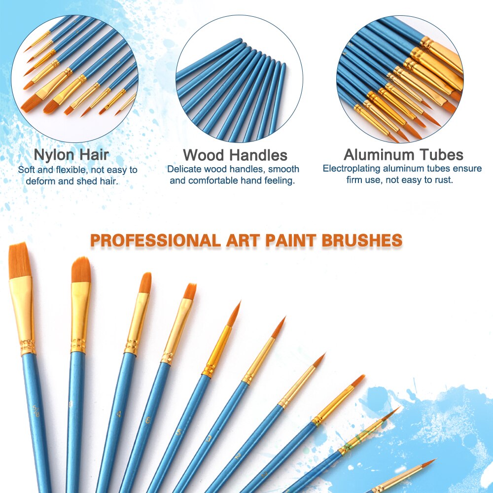 10pcs Paintbrush Set Art Paint Brushes Nylon Hair Wooden Handle for Acrylic Oil Gouache Face Nail Body Painting