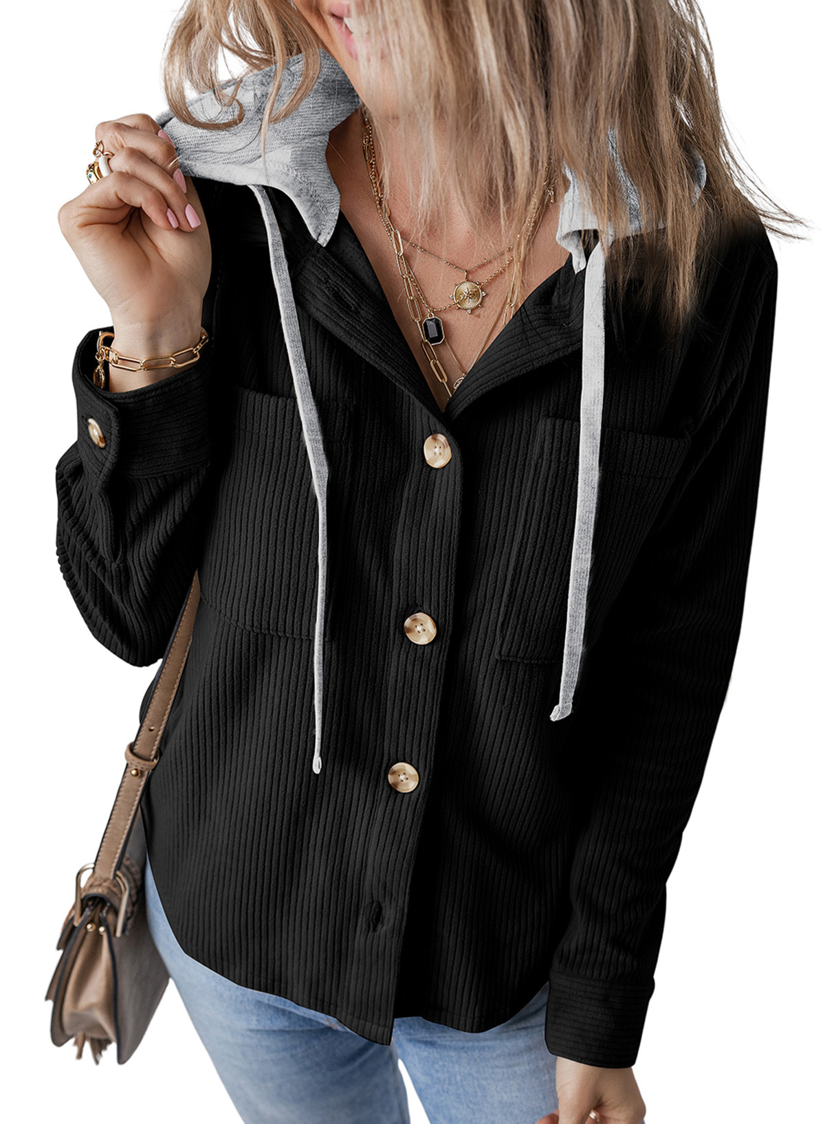 Women's Autumn Button Bomber Jacket Casual Hooded Pocket Streetwear Drawstring Girl Workout Demi-season Jacket For Women Coat: L / black