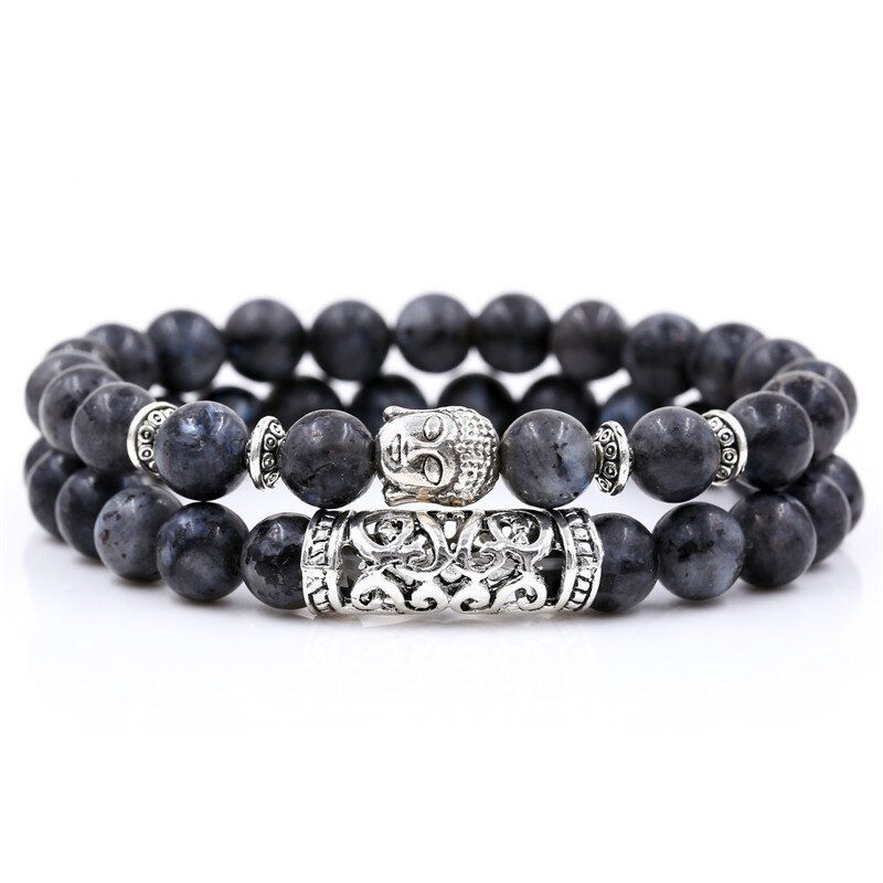 2PCS/Set Buddha Head Charm Natural 8mm Stone Beads Bracelet Sets For Women Men Braiding Macrame Bracelet Set Charm Bangle: BA-053(14)