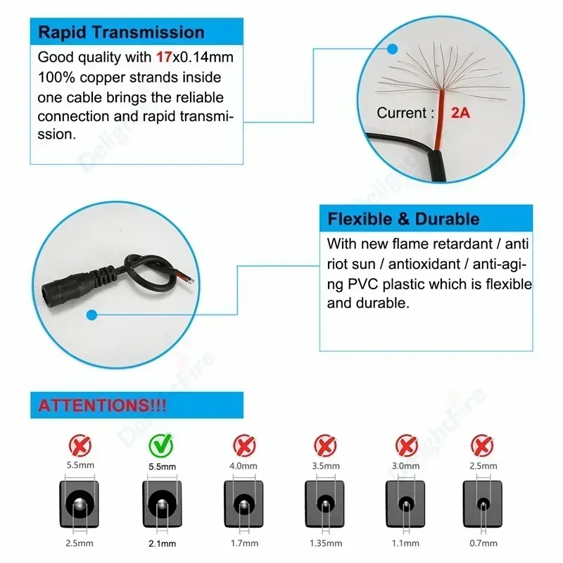 Cable de alimentación CC pelado 22 20 18 AWG macho hembra 12V adaptador conector Pigtail de repuesto para altavoz tira LED cámara CCTV