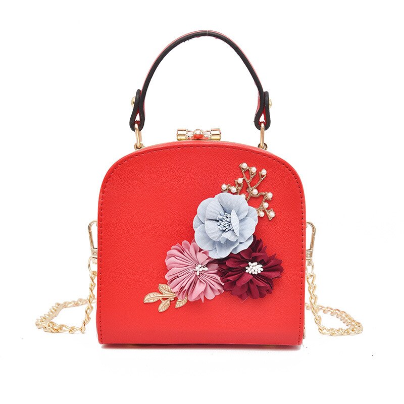 Handmade Flowers Bucket Bags Women Mini Shoulder Bags With Chain Drawstring Small Cross Body Bags Pearl Bags Leaves Decals: Red