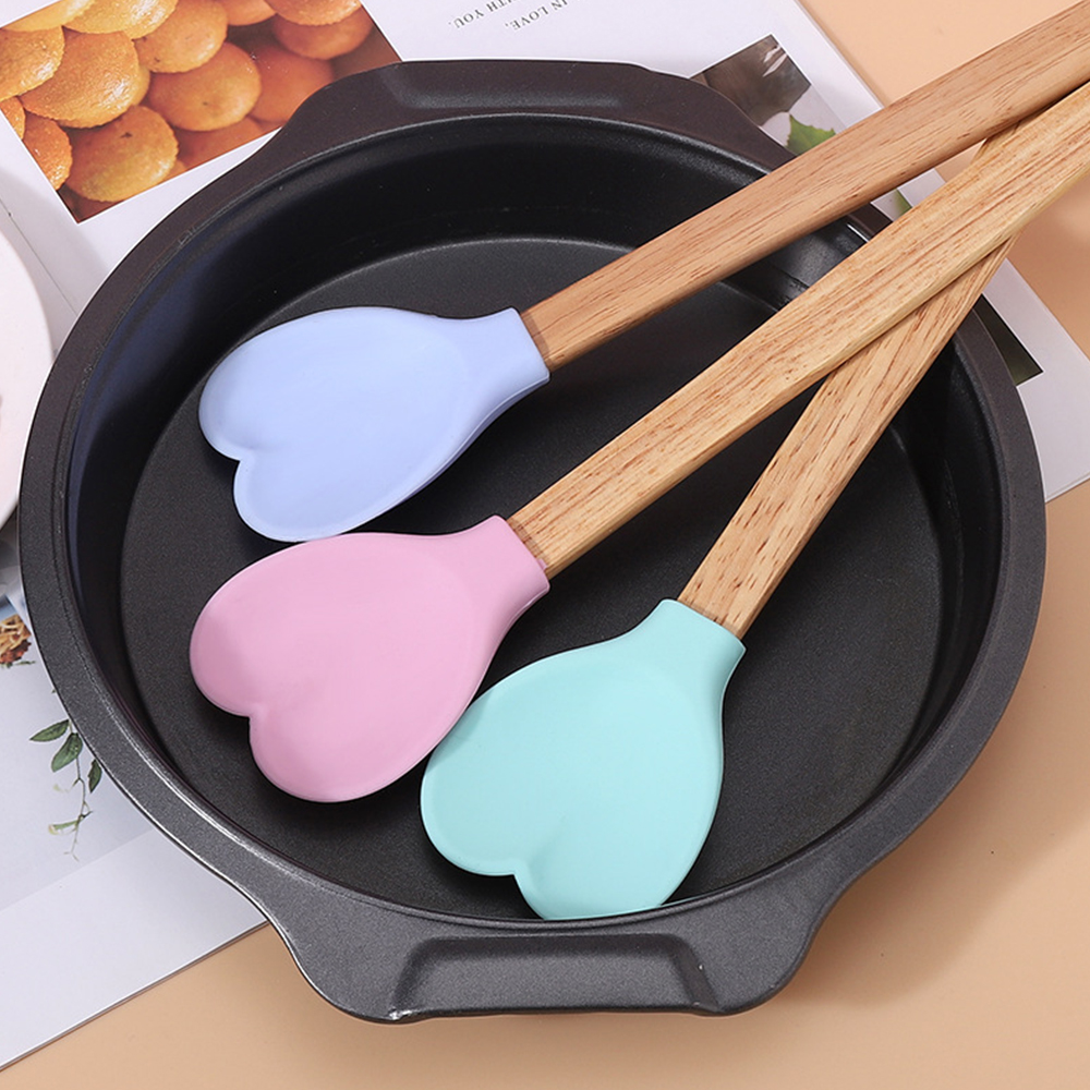 Spatule en Silicone rose amour pour la saint-valentin, manche en bois en forme de cœur, spatules de cuisson, ustensiles de cuisine, outil de fabrication de gâteaux