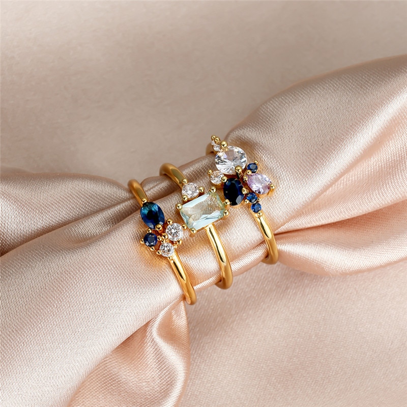 Vintage Vrouwelijke Wit Blauw Kristal Ring Set Leuke Goud Kleur Trouwringen Voor Vrouwen Luxe Engagement Sieraden Valentijnsdag
