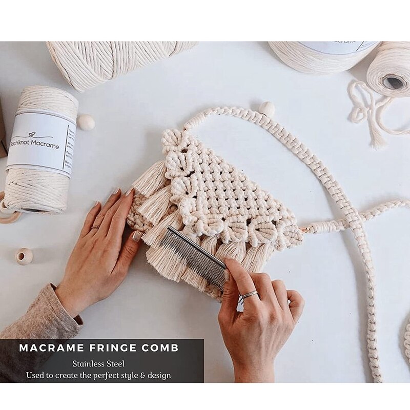 Peine de flecos de macramé, accesorio para tejer, artesanía de acero inoxidable para cepillar a través de pelo largo, cordón de algodón de una sola hebra