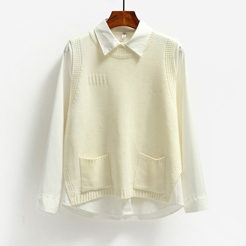 Solid ydre slid rund hals strik vest korte kvinder efterår og vinter koreansk ærmeløs vest sweater: Hvid