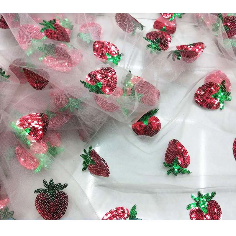 Soft Translucent Sequins Strawberry Embroidery Mesh Fabric for Wedding Party Dress Tulle Stage Garment Diy Sewing Lace Fabric