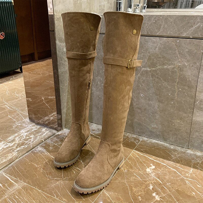 Women's Over The Knee High Boots Winter Plush Velvet Long Tube Suede Stretch Warm Fur Snow Boots Black Khaki Platform Shoes
