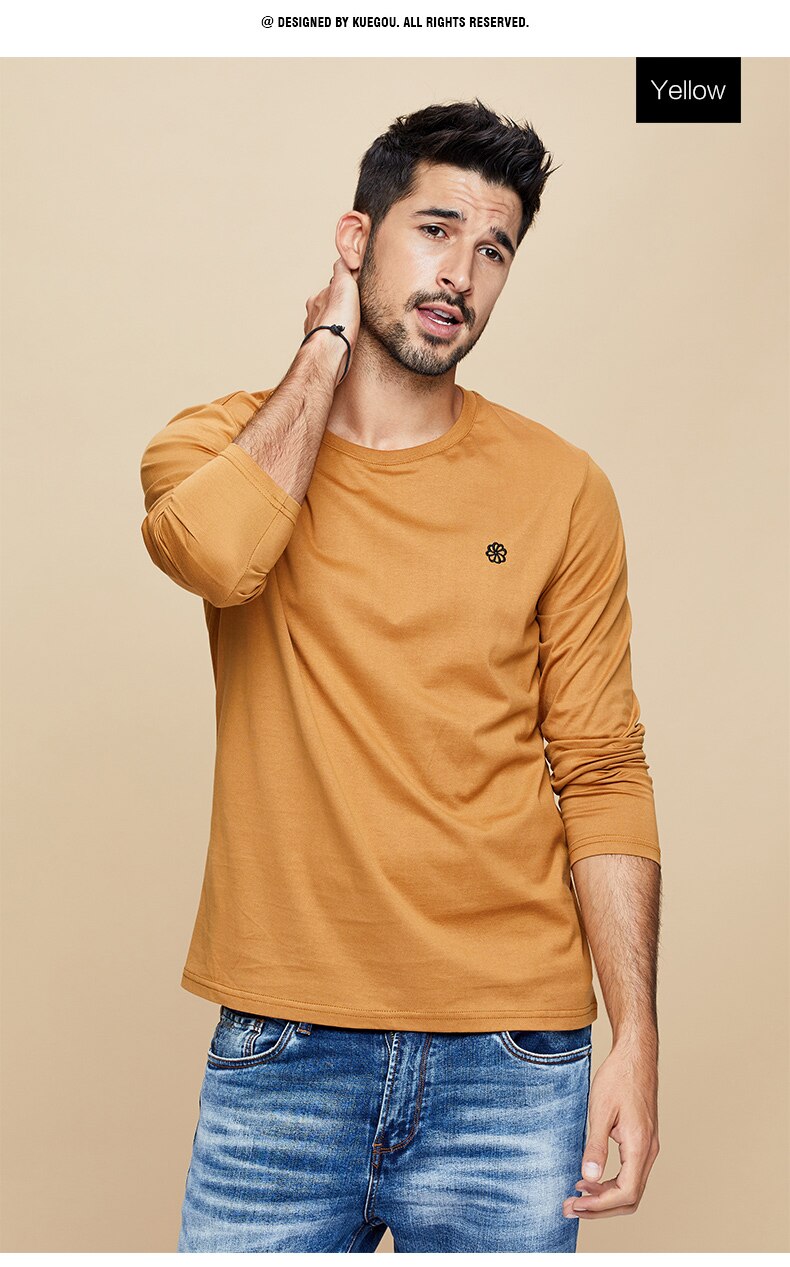 KUEGOU 100% baumwolle männer T-Shirt lange hülse herbst vertraglich stickerei übertragen unliniertes oberes kleid oben Plus größe ZT-496: Gelb / M