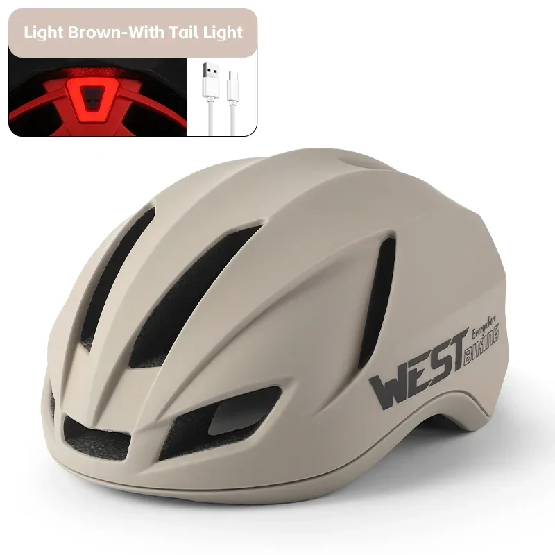 West Biking-Casco aerodinámico de ciclismo para hombre y mujer, casco de bicicleta de carretera de , PC + EPS, con luz trasera de advertencia USB: M / Caqui oscuro