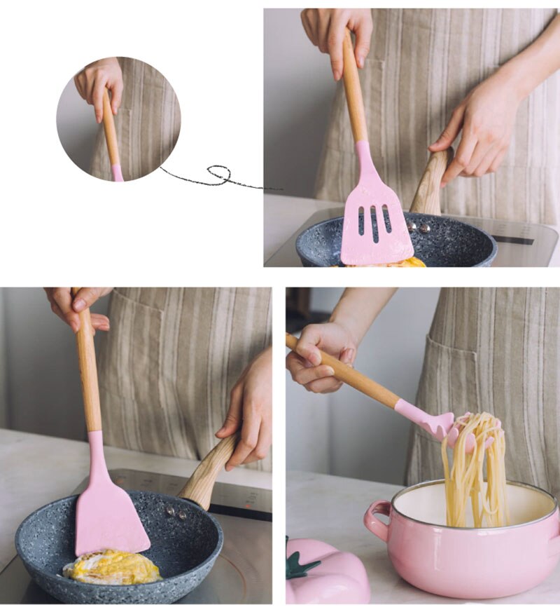 12Stck Silikon Kochen Utensilien einstellen Nicht-Stock Spachtel Schaufel Holzgriff Kochen Werkzeuge einstellen Mit Lagerung Kasten Küche werkzeuge