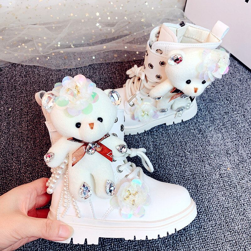 Kids Boots Children Bear Pu Leather Shoes Baby Girls Motorcycle Ankle Boots Rhinestone White Boots Brand Shoes Warm Shoes Winter