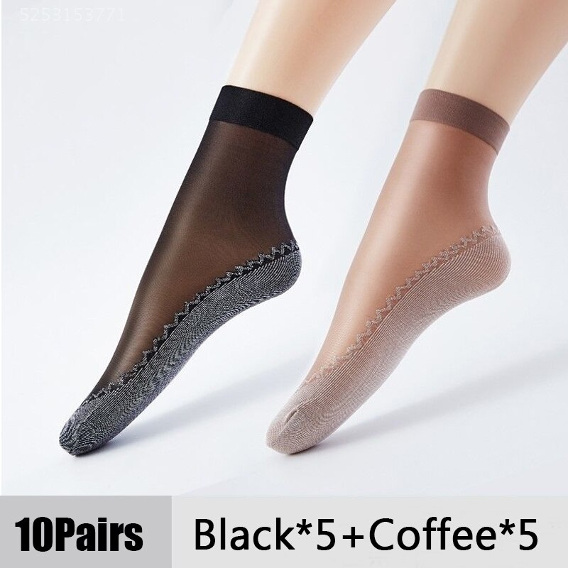 Calcetines de seda de terciopelo para mujer, medias de algodón con suela suave antideslizante para masaje, antideslizantes, de verano, 10 pares: Black Coffee