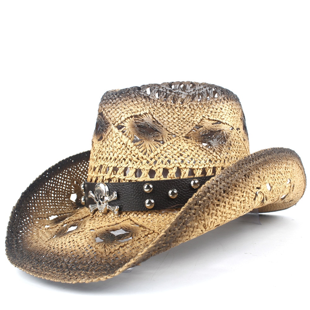Punk Brand Straw Hollow Western Cowboy Hat Women Men Handmade Fedora Sombrero Hombre Beach Cowgirl Jazz Sun Hat Size