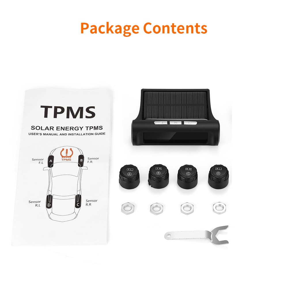 Solar Charging Car TPMS Tire Pressure Monitoring System HD Digital LCD Display Auto Alarms Wireless With 4 External Sensors TPMS