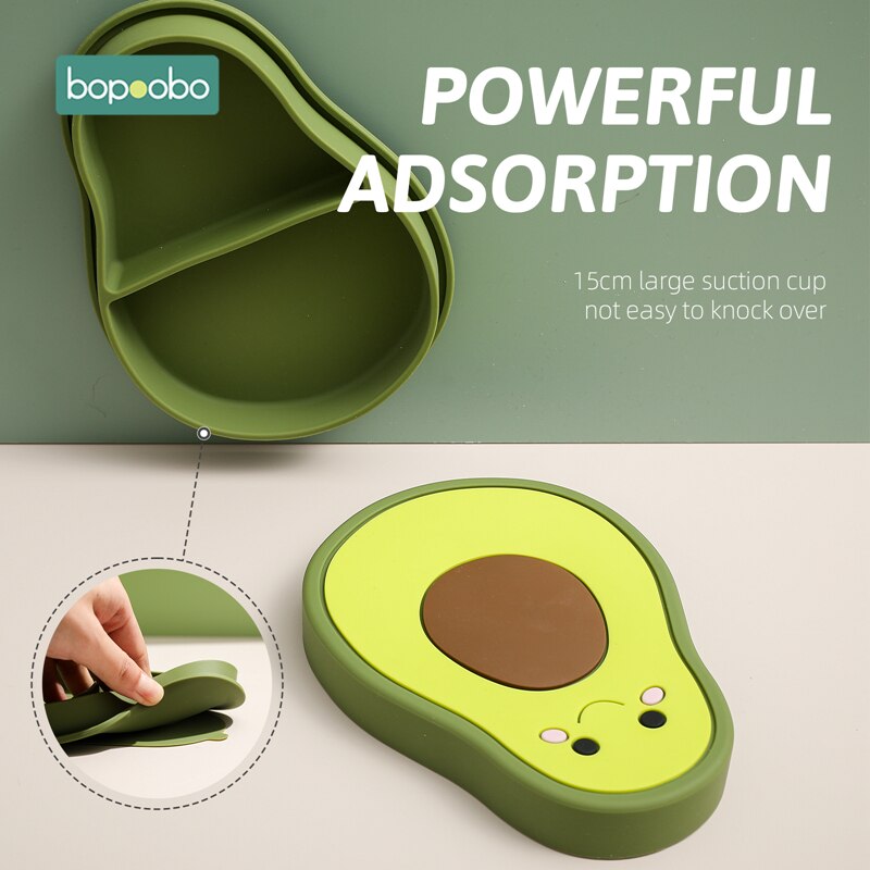 Bopoobo Baby Schalen Platten Gabel Silikon Saug Fütterung Lebensmittel Geschirr Nette Avocado freundlicher Gerichte Lebensmittel Fütterung Schüssel für freundlicher