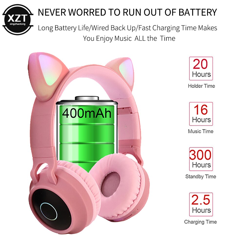 Auriculares estéreo con Bluetooth 5,0 y luz LED, bonito de gatos, auriculares Hifi inalámbricos para música, cascos estéreo con graves para teléfonos móviles y niñas, soporta tarjeta TF