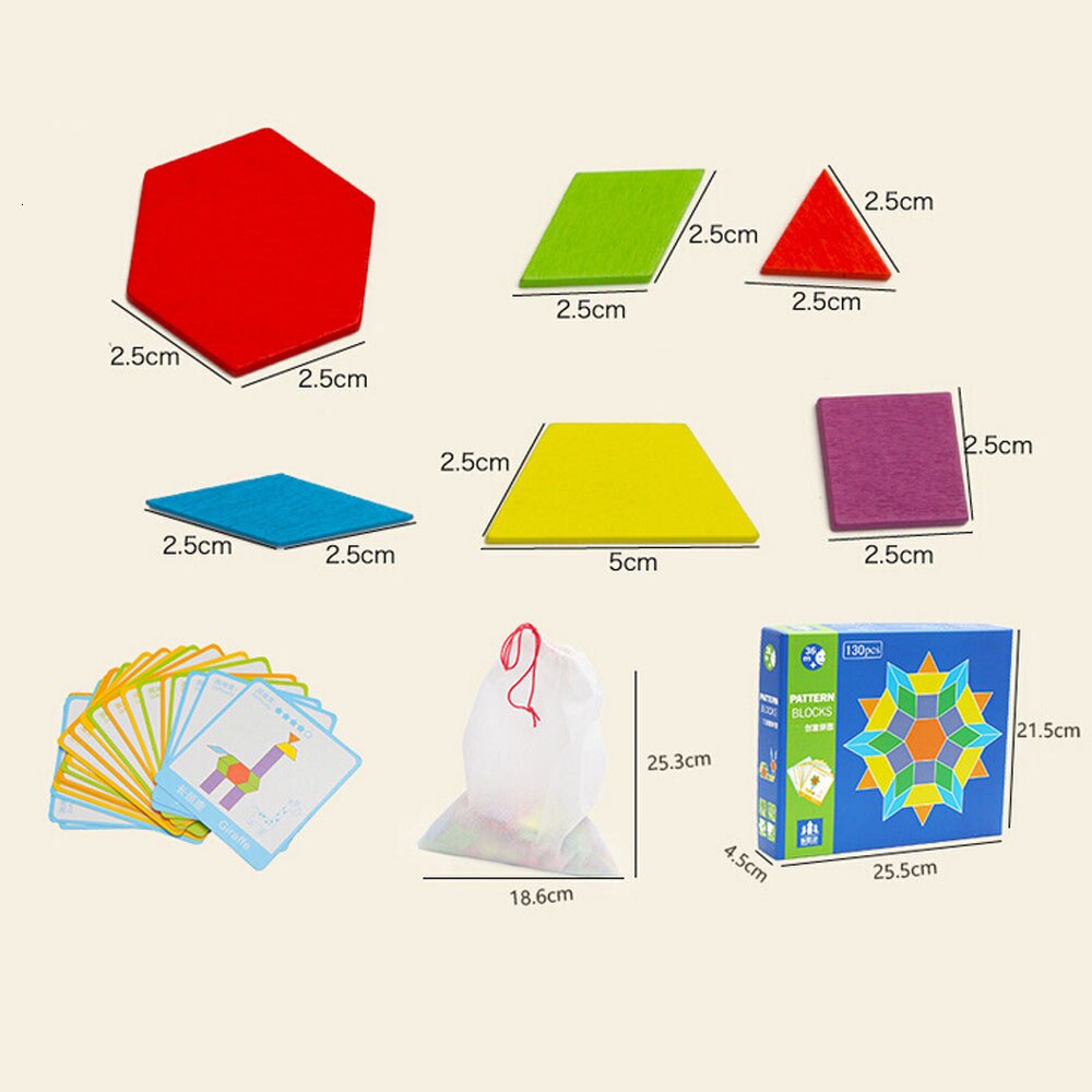 130 Pcs Wooden Geometric Shape Pattern Blocks Puzzle Box Toys Challenge IQ Kids: Default Title
