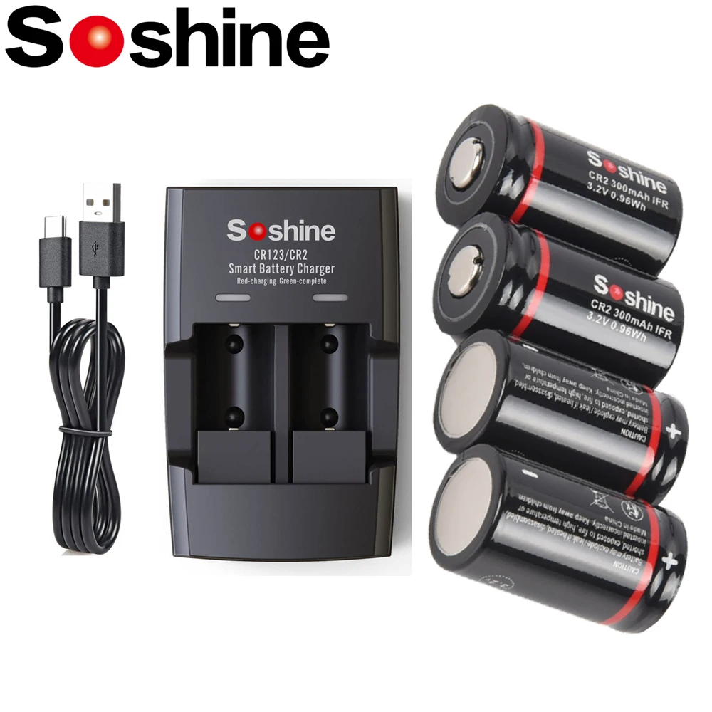 Soshine CR2 LiFePo4 Rechargeable Battery and 3.2V LiFePo4 Battery Charger 300mAh 15266 2000 Time Discharge Cycle Batteries Toys