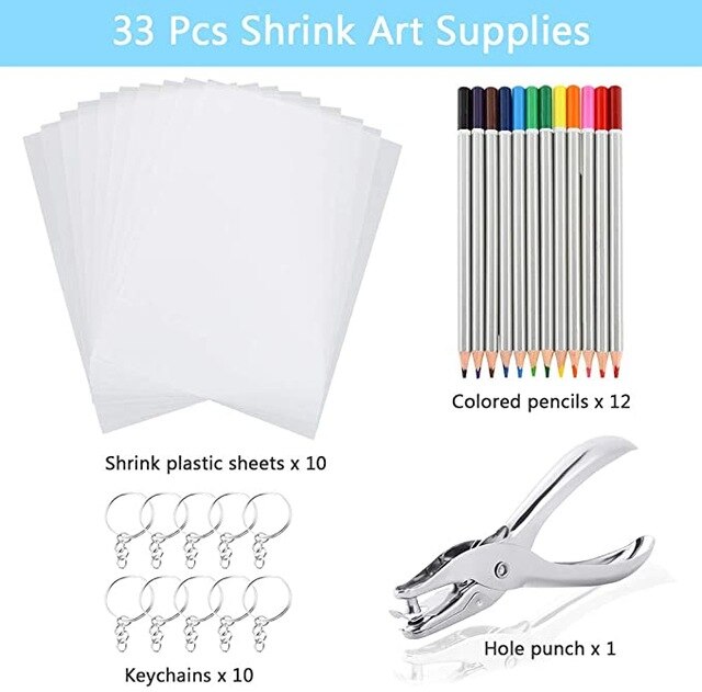 Heat Shrink Plastic Sheet Kit Shrinky Dinks Art Paper Hole Punch Keychains Pencils for Kids Craft Xmas Pendant: 33pcs