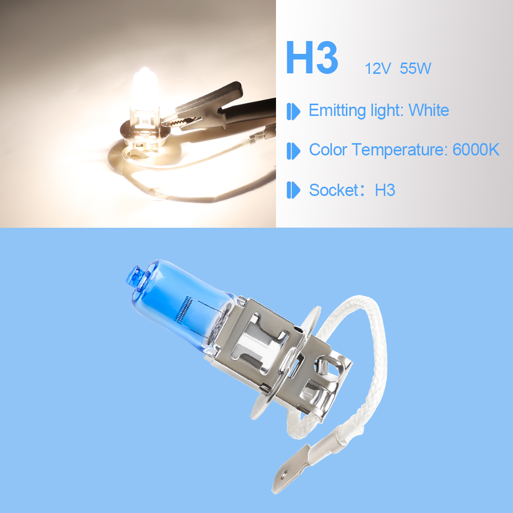 Ampoule halogène de voiture en verre bleu foncé, lampe de remplacement super brillante, courbure convaincue, H3 Sunshine, blanc, 55W, 12V, 2 pièces