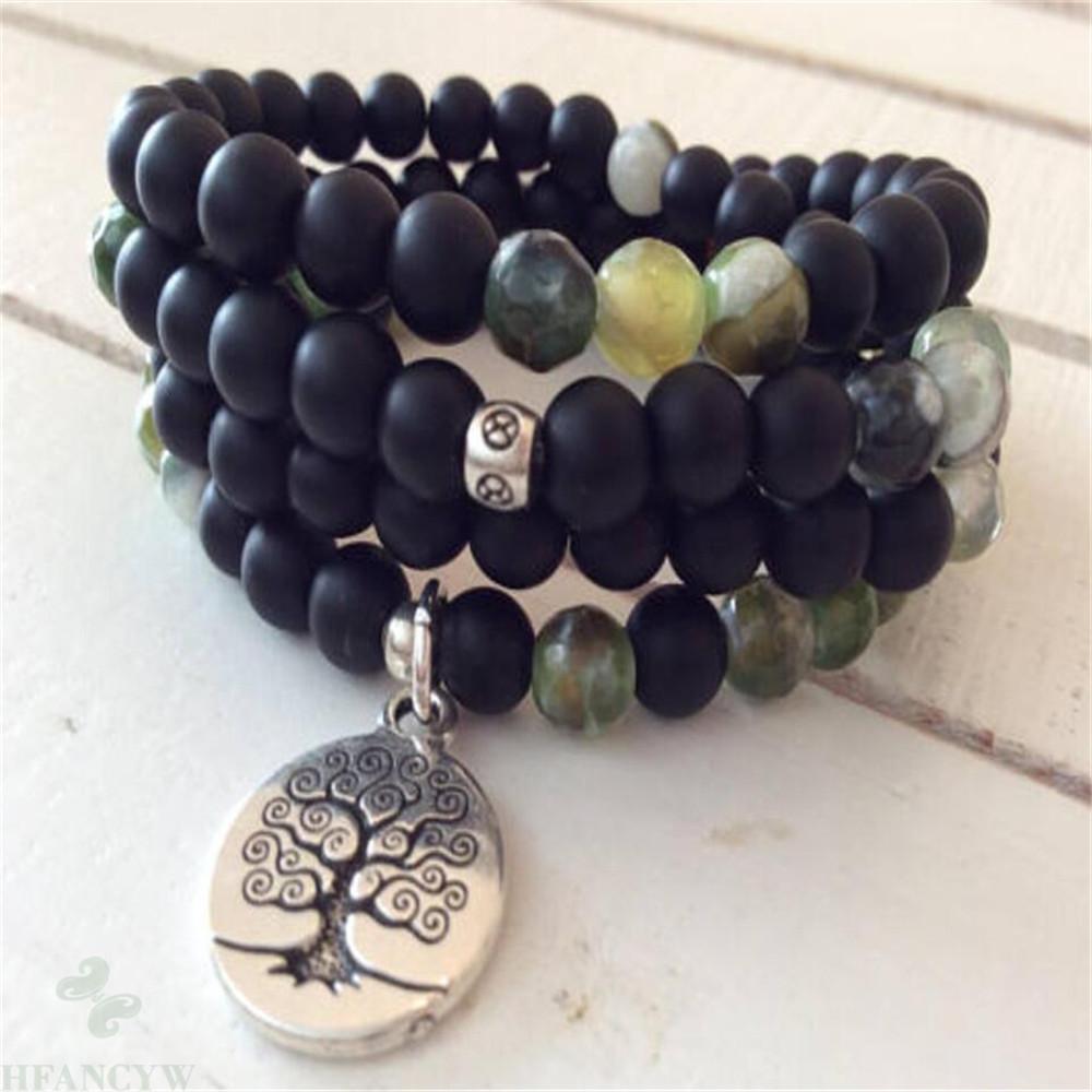 6mm Black Stone Indian Life Tree Pendant Necklace Wrist Meditation Cuff Yoga Bracelet Handmade Chic Bless