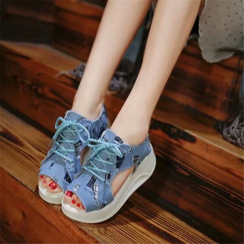 Strand sandaler kvinder denim hul platform sandaler flade afslappede studerende lærred sandaler til damer sandalier a -78