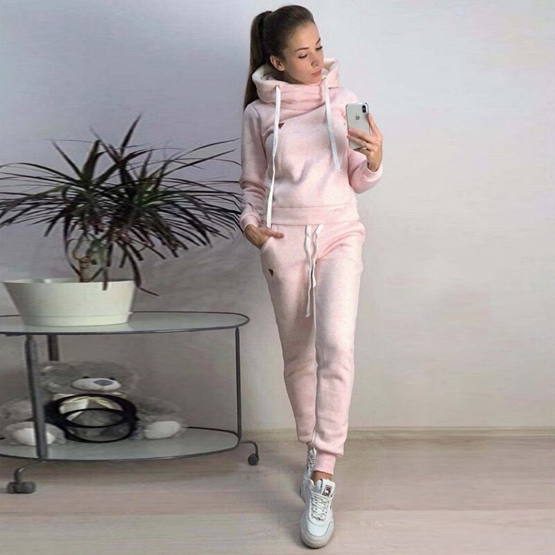 Hoodies solid Suit Set Women Tracksuit Two-piece Style Outfit Sweatshirt Sport Wear: Pink / L