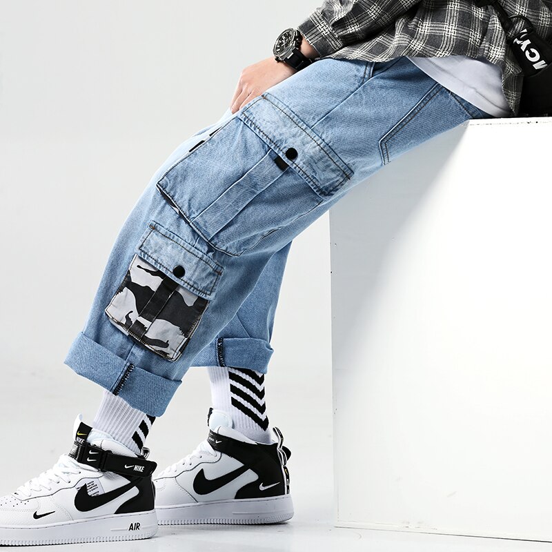 pantalones vaqueros Cargo para hombre Pantalones vaqueros azules holgados bolsillos laterales vaqueros para motociclistas pantalones vaqueros Hip Hop hasta el tobillo para hombre Pantalones para correr