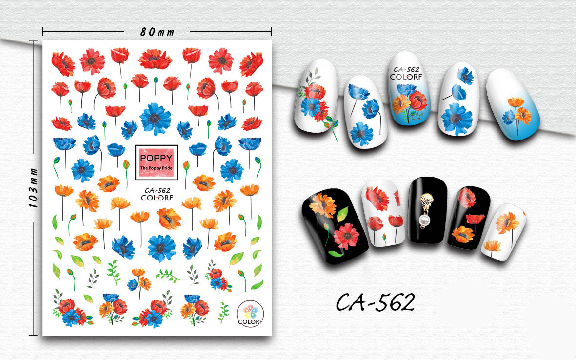 3D Nail Sticker Poppy Bloem Kleurrijke Nail Art Decoraties Manicure Stickers Decals Slider Nagels Folie Decoraciones Accessoires