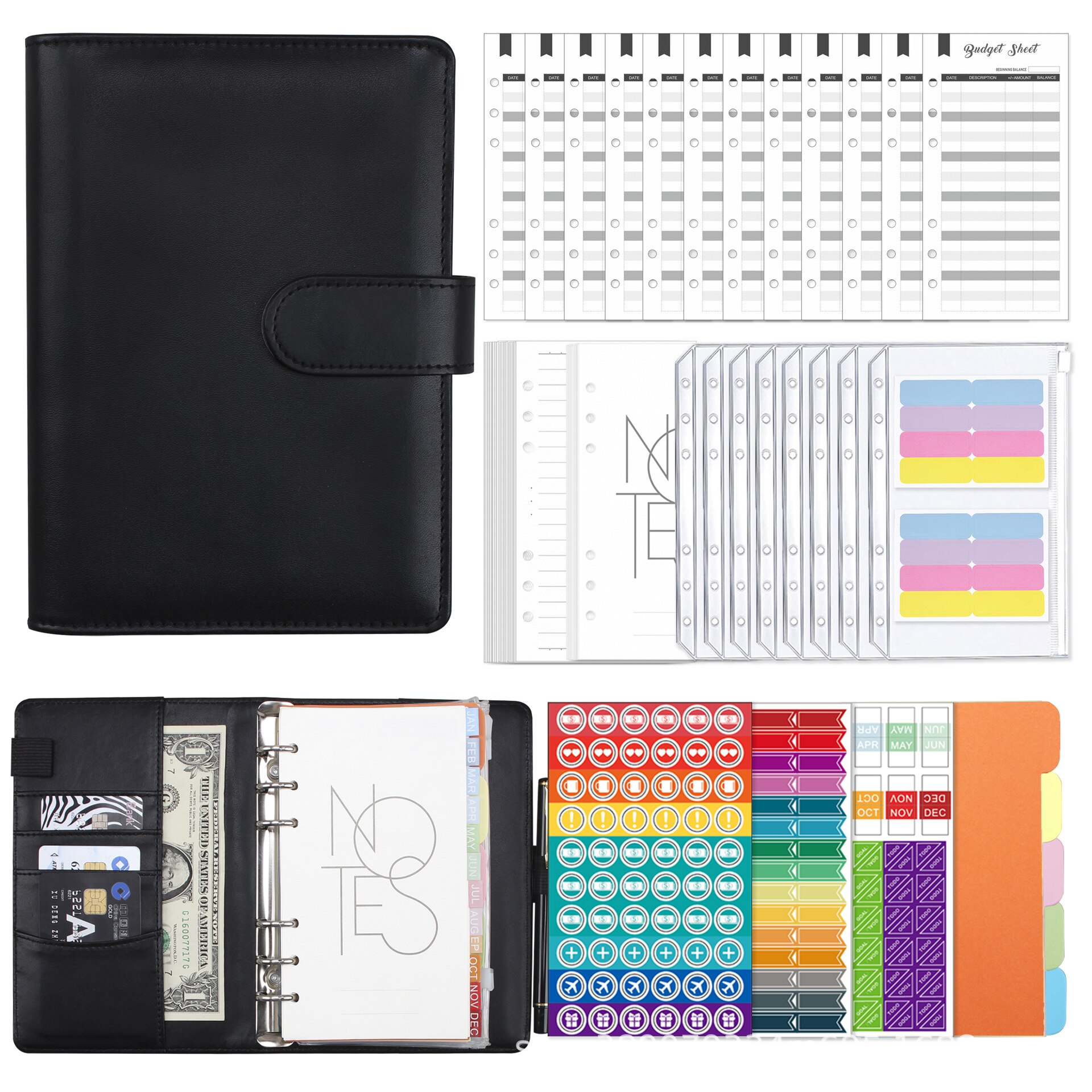 2022 A6 PU Leather Notebook Binder Budget Planner Organizer 6 Ring Binder Cover 12 Binder Pockets Agenda Planner Cover: Black-A6