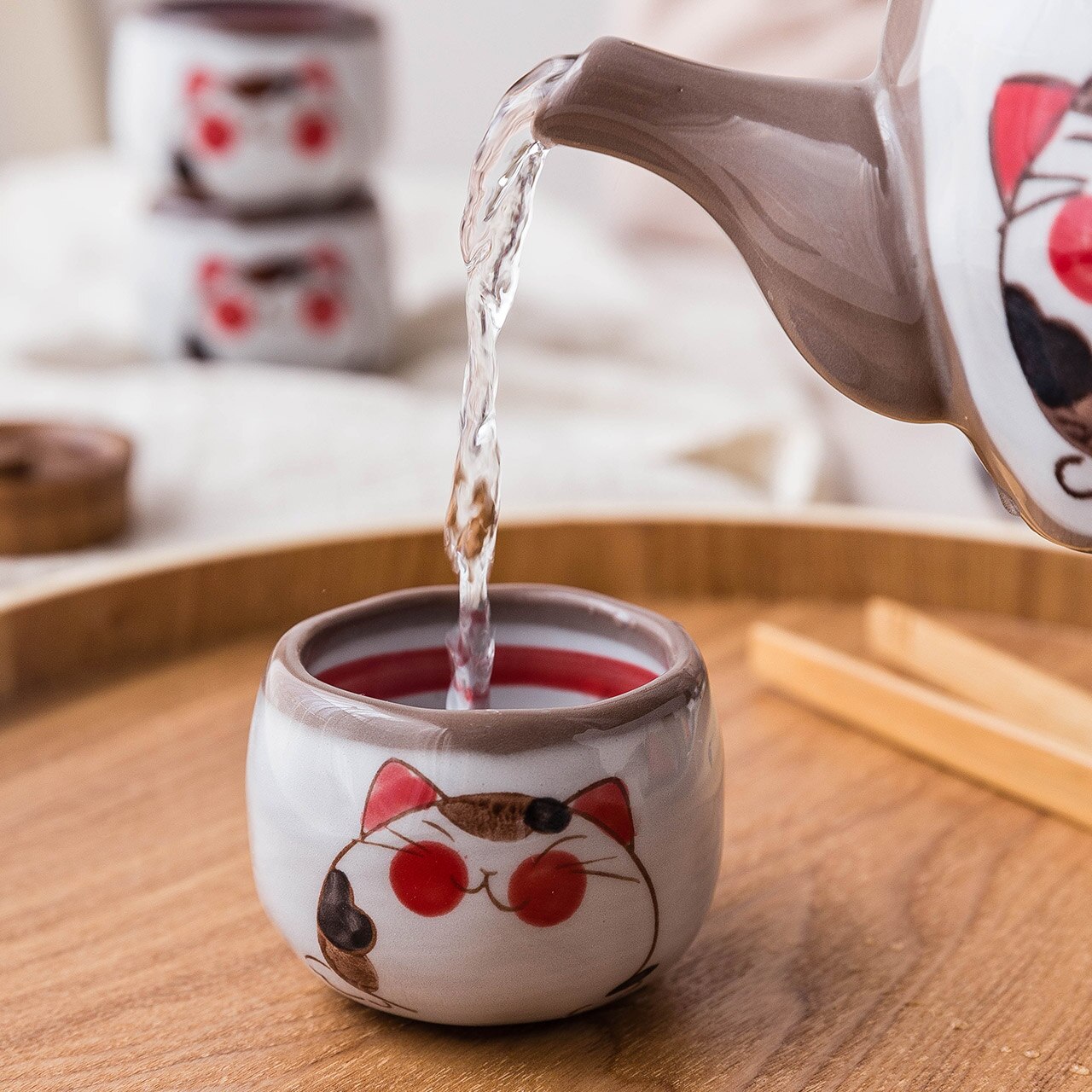 Japansk stil keramisk teservis kattserie lerkanna tekopp handmålad färgad keramik kattmugg för te mjölkkanna