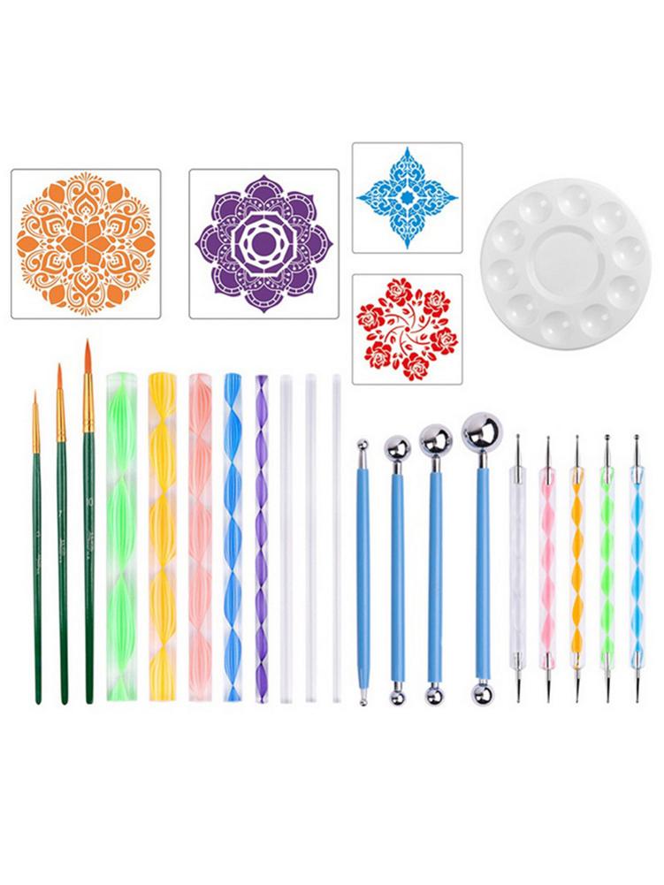 25PCS Mandala Dotting Tools Set Pen Dotting Tool Mandala Stencil Ball Stylus Paint Tray Painting Rock Coloring Drawing Supplies