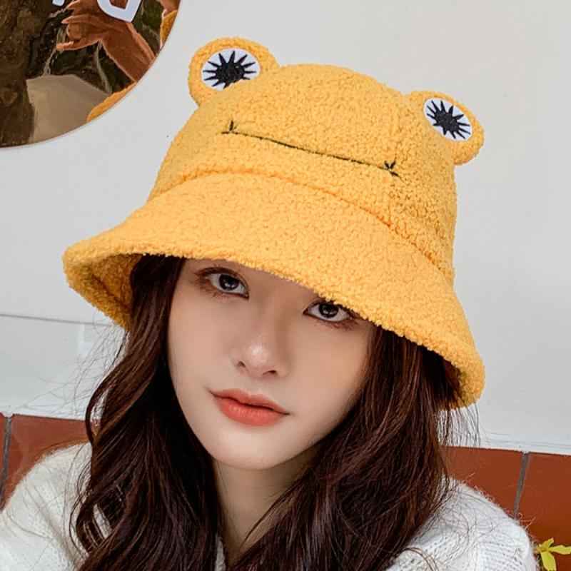 Lamb Wool Cat Ears Women Bucket Hat Autumn Winter Fisherman's Plush Bucket Hats Keep Warm Casual Cap Female Flat Top Hat