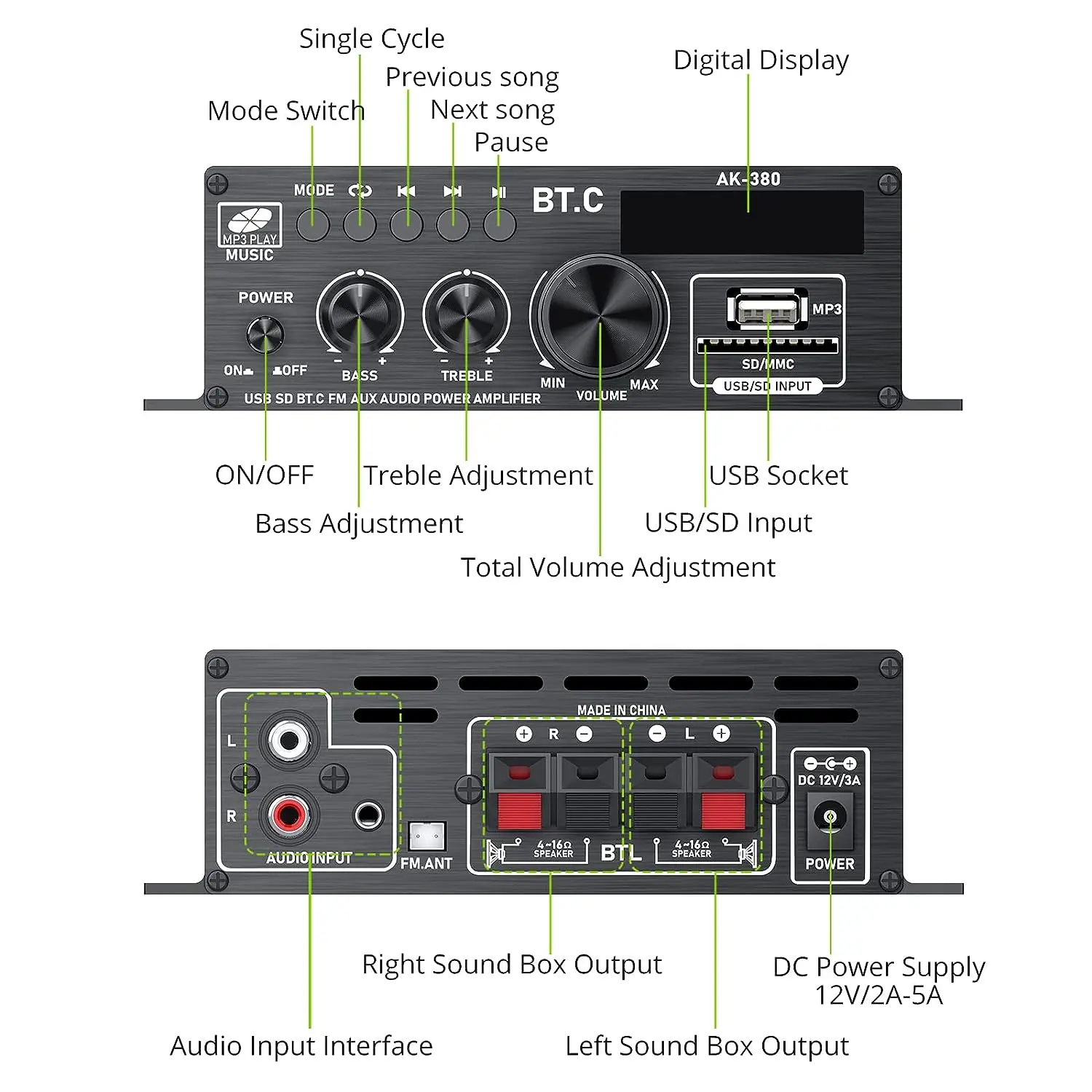 Sound Verstärker Kanal 2,0 HIFI Bluetooth 5 Verstärker Hause Digital Audio Verstärker 40 W + 40 W Musik Player AK380 für Auto MP3 Bass Trebl